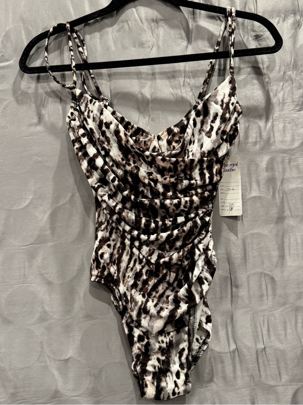 Animal-Print Ruched One-Piece Swimsuit — Brown/Black